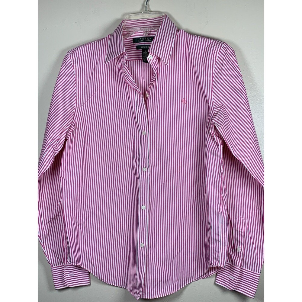 Lauren Ralph Lauren 100% Cotton Non Iron Womens Pink White Striped Shirt Size S